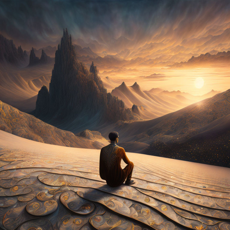 Person sitting on patterned ground gazes at surreal landscape with towering spires and dramatic sky.