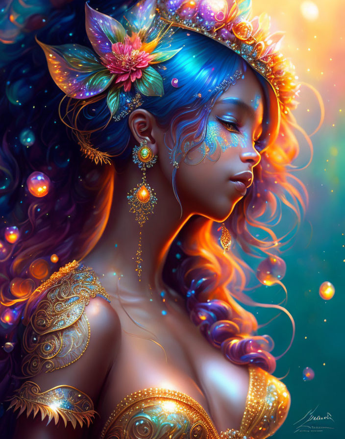 Vibrant blue and orange portrait of a woman with celestial and floral elements