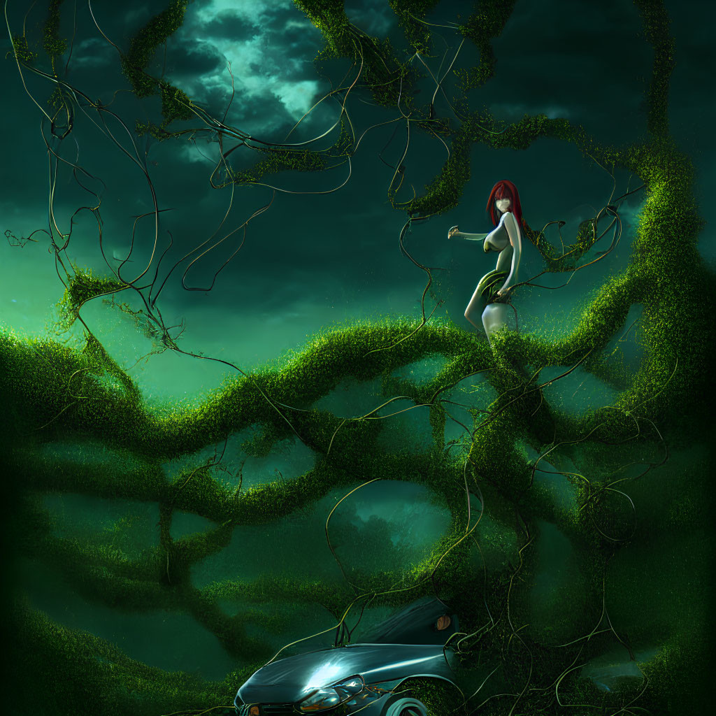 Red-haired woman sits on green vines under moonlit sky with entwined car below