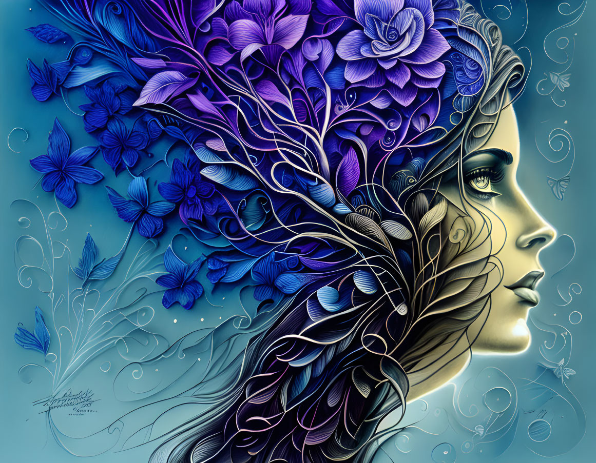 Digital artwork: Woman's profile with purple flowers and butterflies on blue background