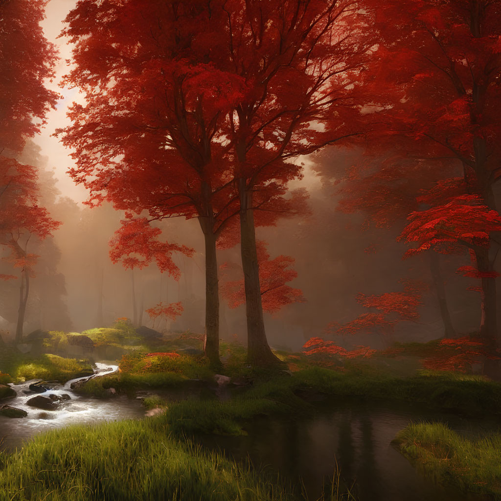 Tranquil stream in ethereal autumn forest with red-leaved trees