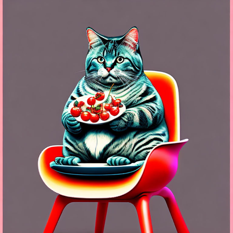 Digitally altered tabby cat on colorful chair with cherries, human-like features