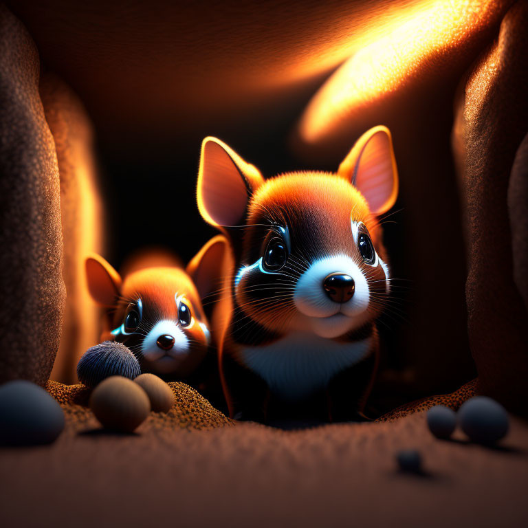 Glowing-eyed animated corgi puppies in dark burrow with warm light.