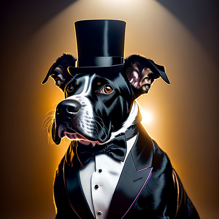 Dog in tuxedo and top hat illustration on spotlight background