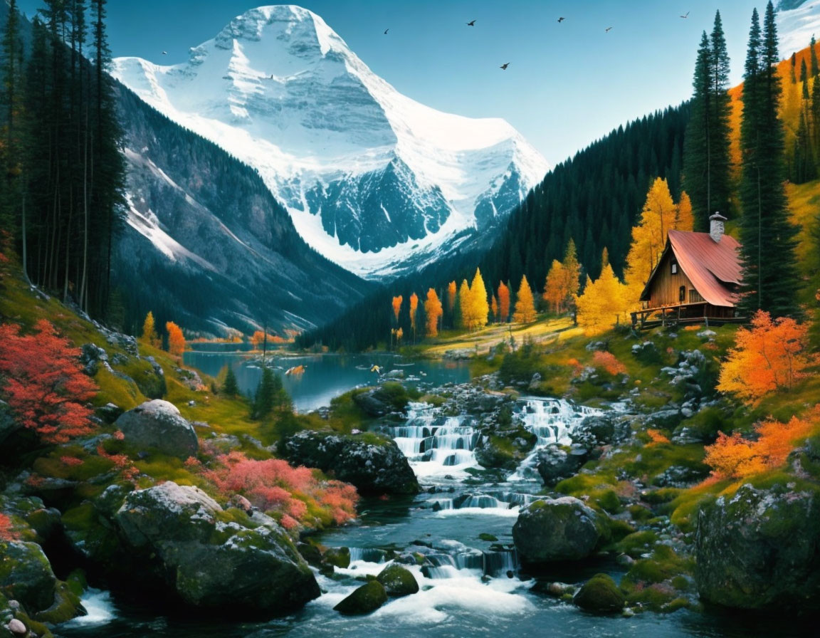 Autumnal landscape with cascade, vibrant trees, serene lake, cabin, snow-capped mountain