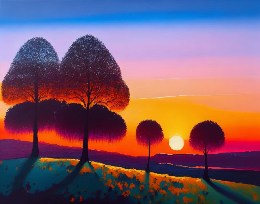 Colorful Sunset Painting with Four Heart-Shaped Trees