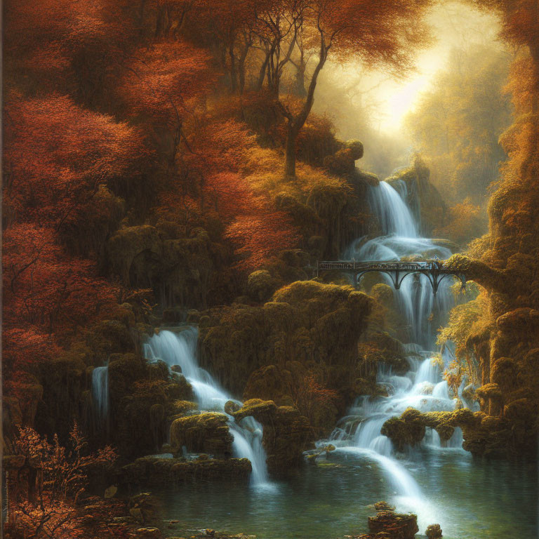 Tranquil autumn waterfall landscape with red foliage and rustic bridge