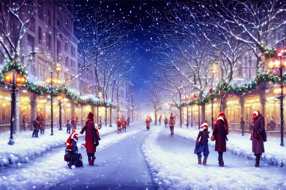 Winter street scene with festive decorations and gentle snowfall