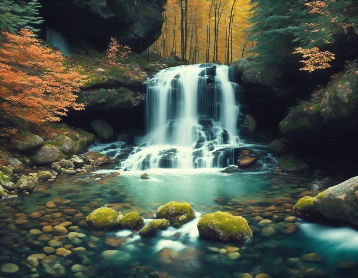 Tranquil waterfall in autumn forest setting