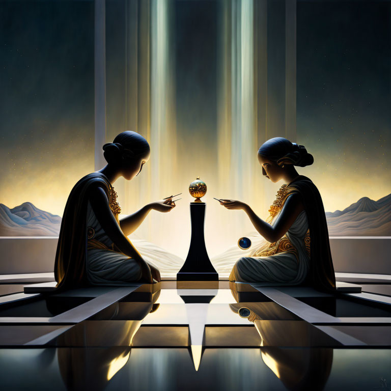 Two people playing board game with glowing orb in surreal landscape