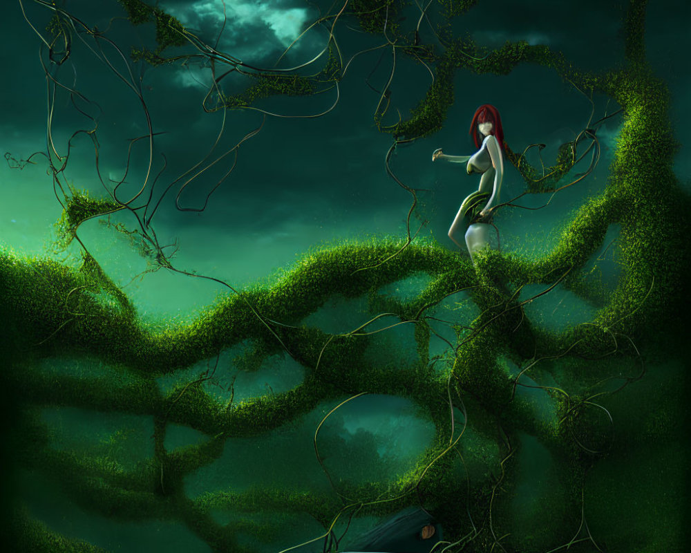 Red-haired woman sits on green vines under moonlit sky with entwined car below