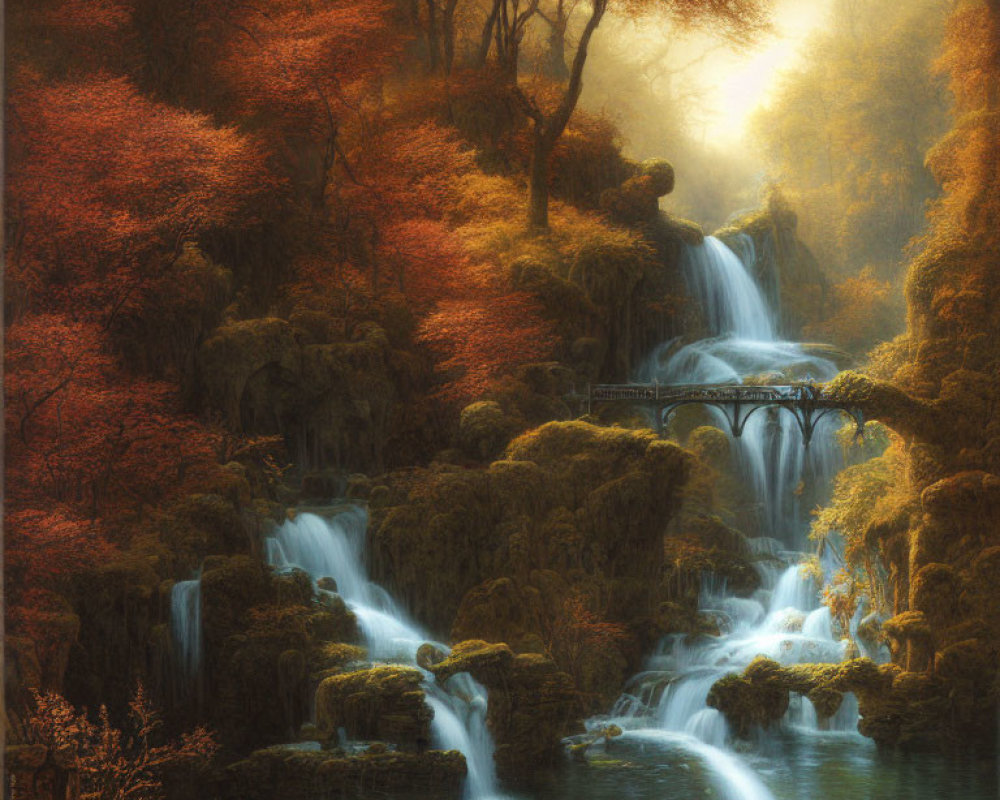 Tranquil autumn waterfall landscape with red foliage and rustic bridge