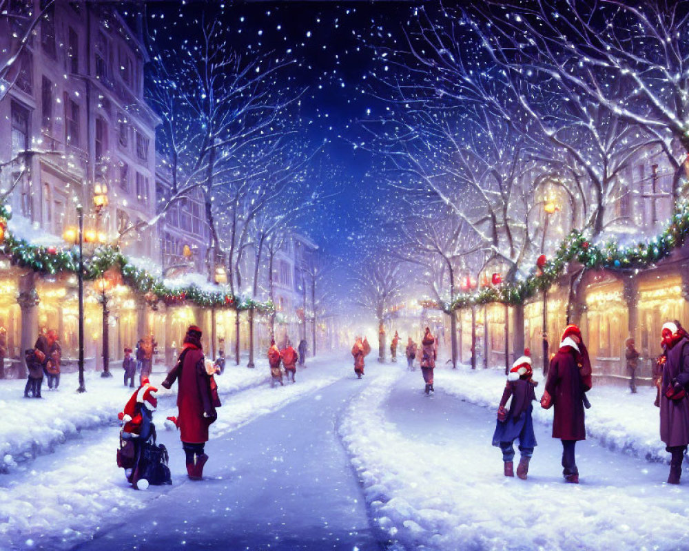 Winter street scene with festive decorations and gentle snowfall