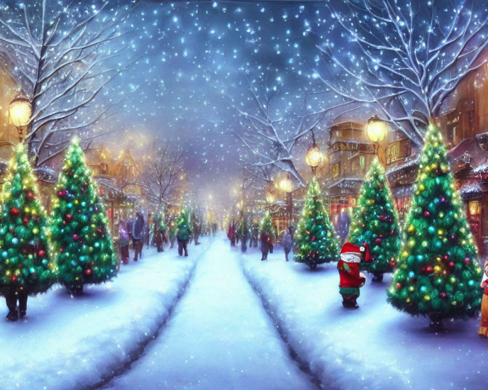 Snowy Christmas Street Scene with Santa Figures and Illuminated Trees