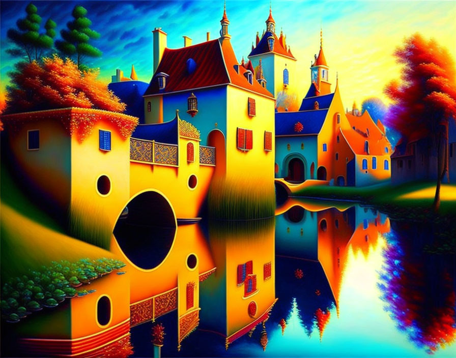 Colorful Whimsical Village Reflecting Sunset Sky