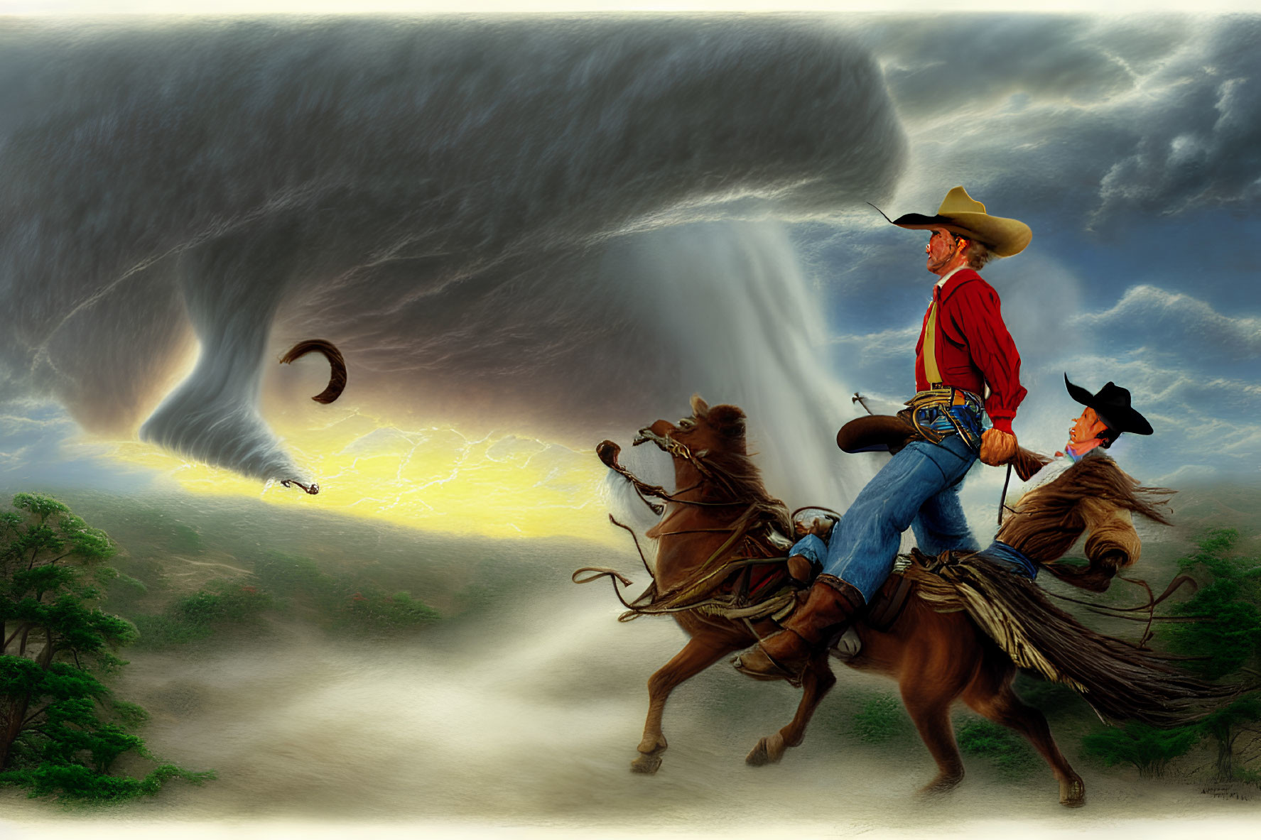 Cowboys on horseback fleeing tornado in western landscape with lightning.