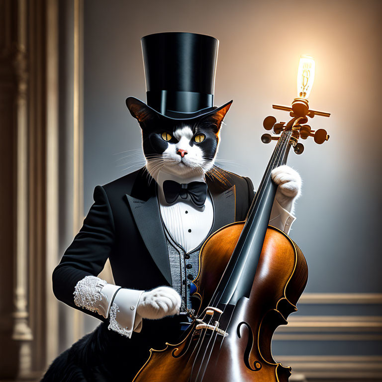 Cat with human body in formal attire holding cello by lamp