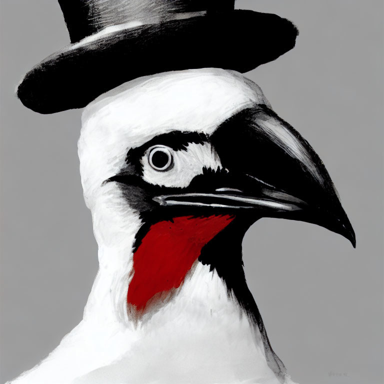 Illustration of whimsical bird with black and white plumage and red patch wearing top hat