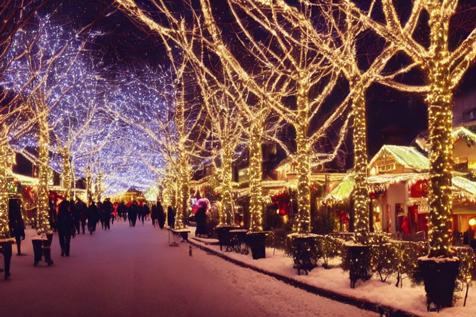 Winter evening scene: Festive street lights, snow-covered trees, and bustling shops.