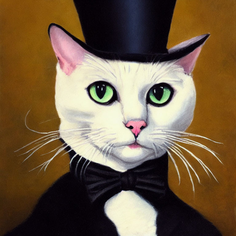 White Cat in Black Top Hat and Bow Tie on Gold Background