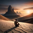 Person sitting on patterned ground gazes at surreal landscape with towering spires and dramatic sky.