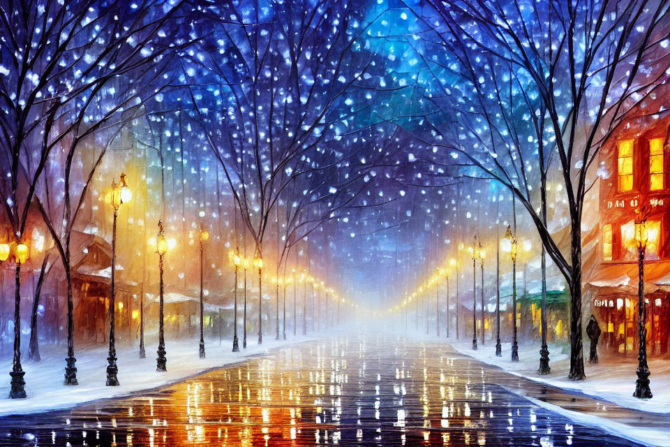 Colorful Snowy Evening Painting with Street Lamps, Trees, and Snowflakes