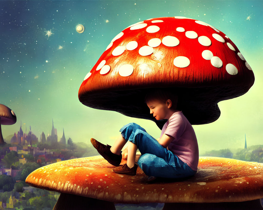 Child Contemplating Under Giant Red Mushroom in Whimsical Landscape