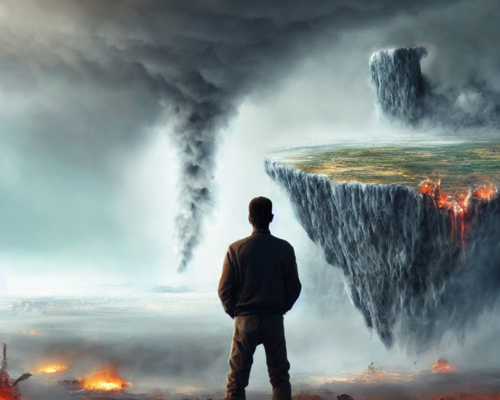 Surreal landscape with floating landmass, waterfall, and tornado in fiery scene