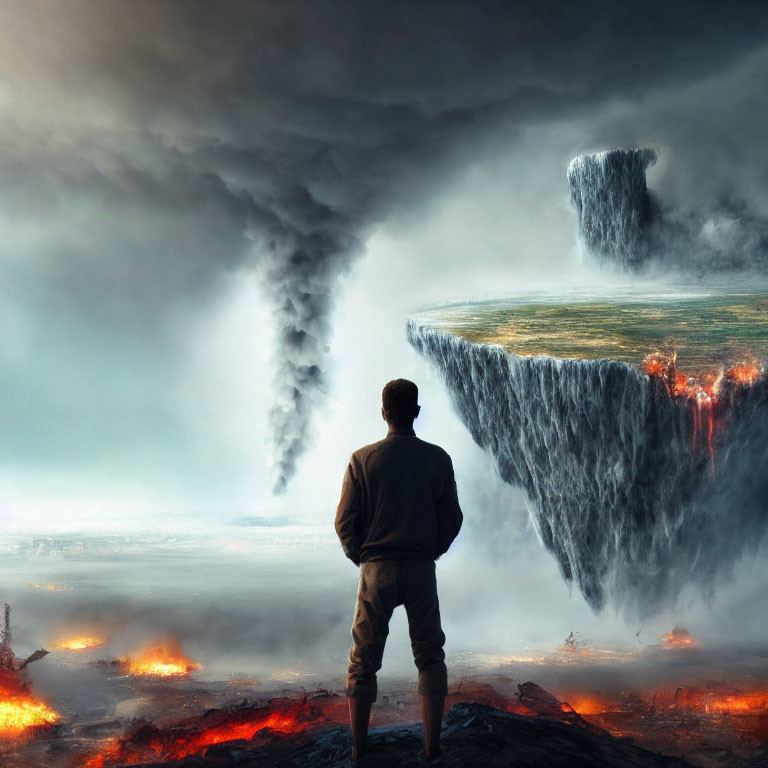 Surreal landscape with floating landmass, waterfall, and tornado in fiery scene