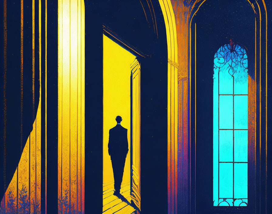 Person silhouette in yellow light against gothic stained glass window