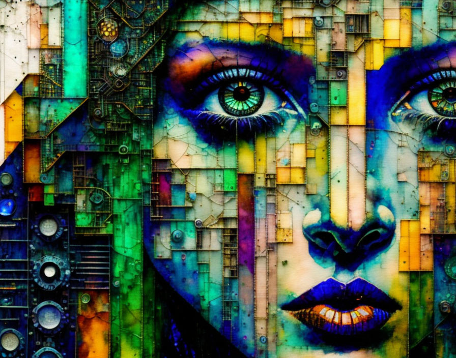 Colorful digital artwork blending woman's face with abstract patterns.