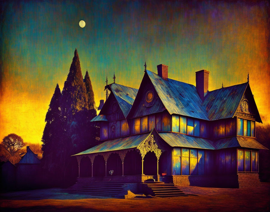 Victorian house at dusk with full moon and silhouetted trees