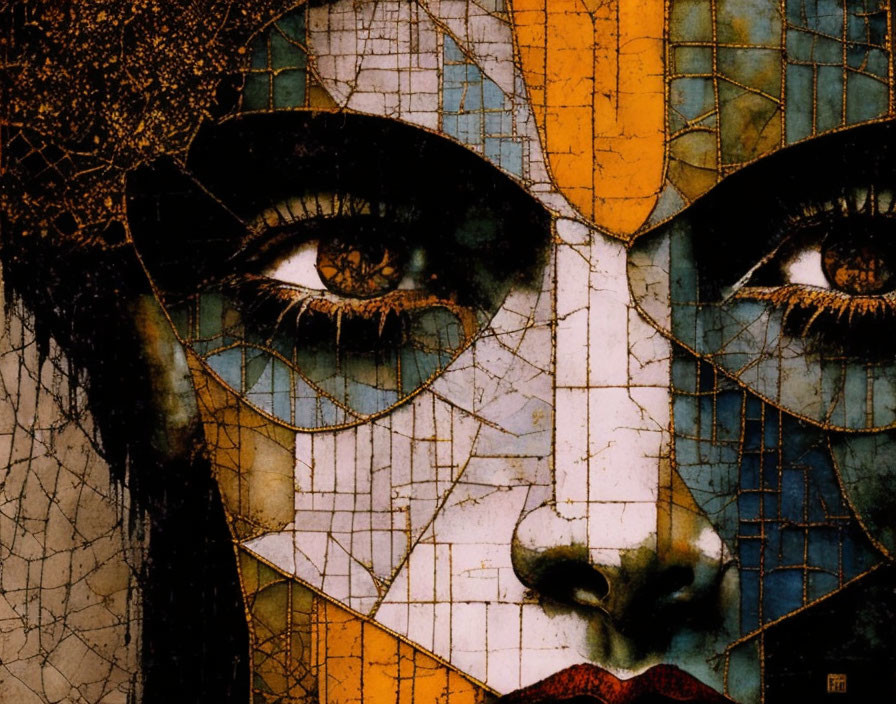 Abstract Cubist-Style Painting of Cracked Face in Vibrant Colors