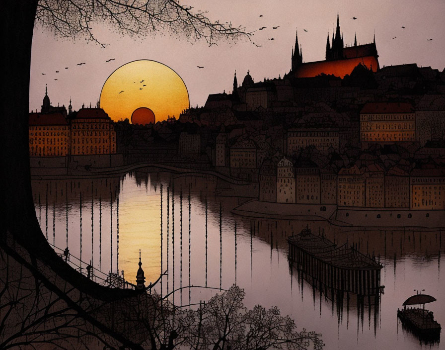 Cityscape with Castle Silhouette and Setting Sun Reflections