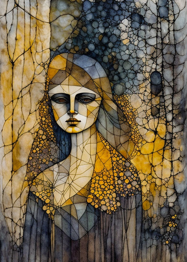 Stylized female figure in abstract painting with geometric and circular patterns in yellows, blacks, and