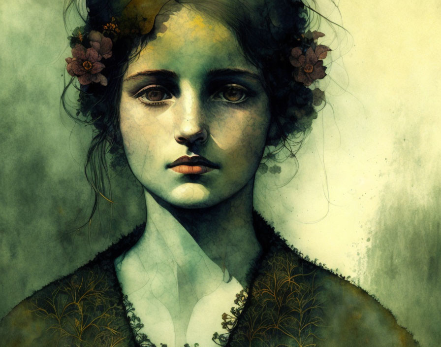 Somber young woman with floral crown on muted green background