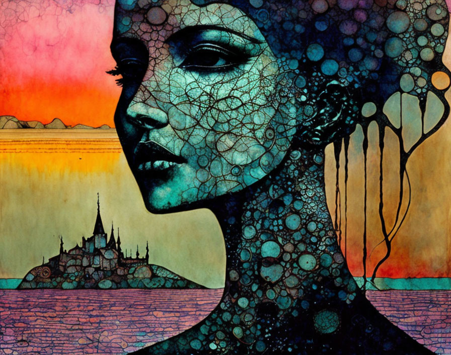 Intricate patterned woman's profile against colorful castle backdrop