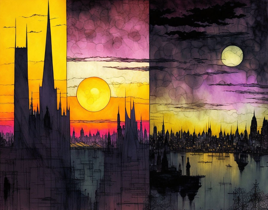 Colorful Cityscape Silhouette with Sun/Moon at Sunset/Sunrise