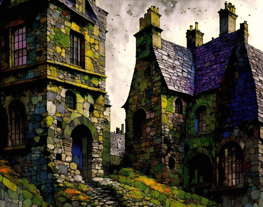 Colorful Stone Houses Illustration with Patchwork Walls and Mossy Roofs