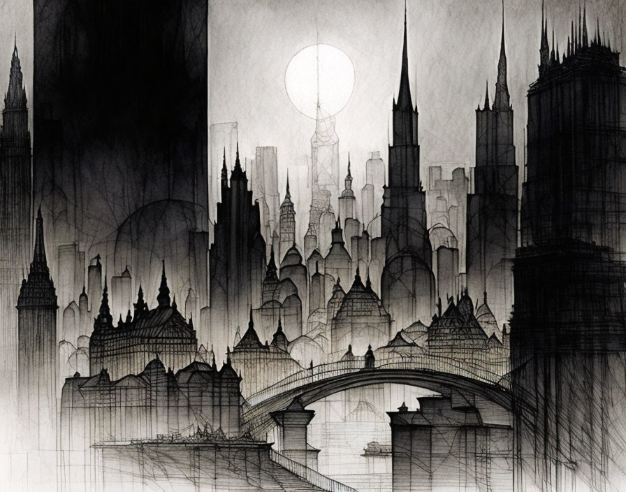 Monochromatic sketch of Gothic cityscape with spires and bridge under pale sun or moon