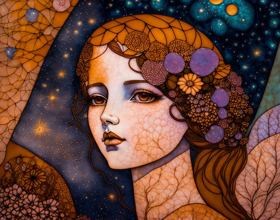 Starry background stylized portrait of a woman with floral hair patterns