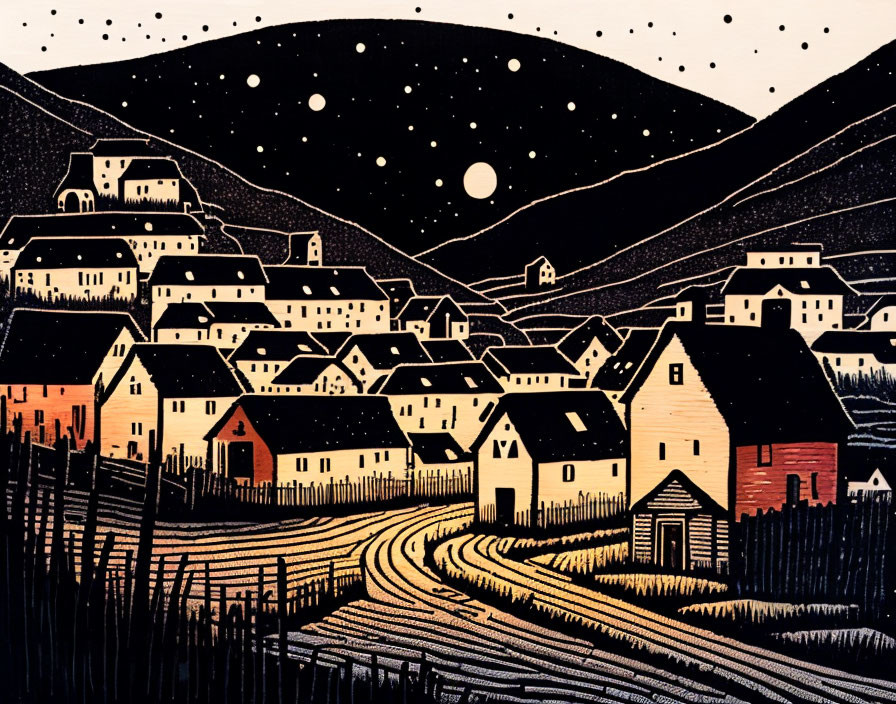 Stylized village artwork: night scene with winding roads, houses, hills, starry sky