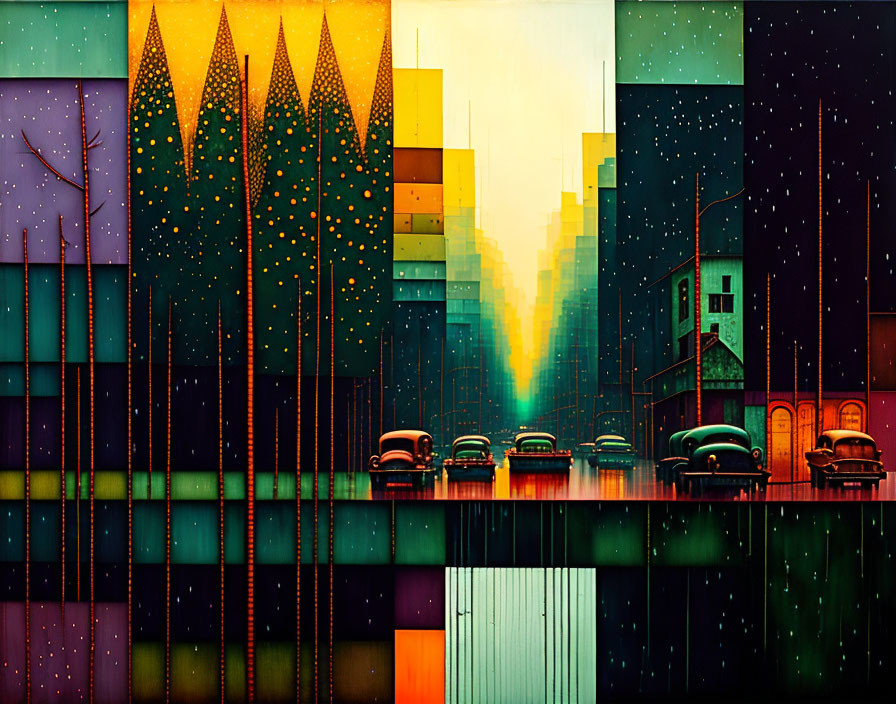 Colorful Panels Depicting Cityscape Seasons and Times of Day