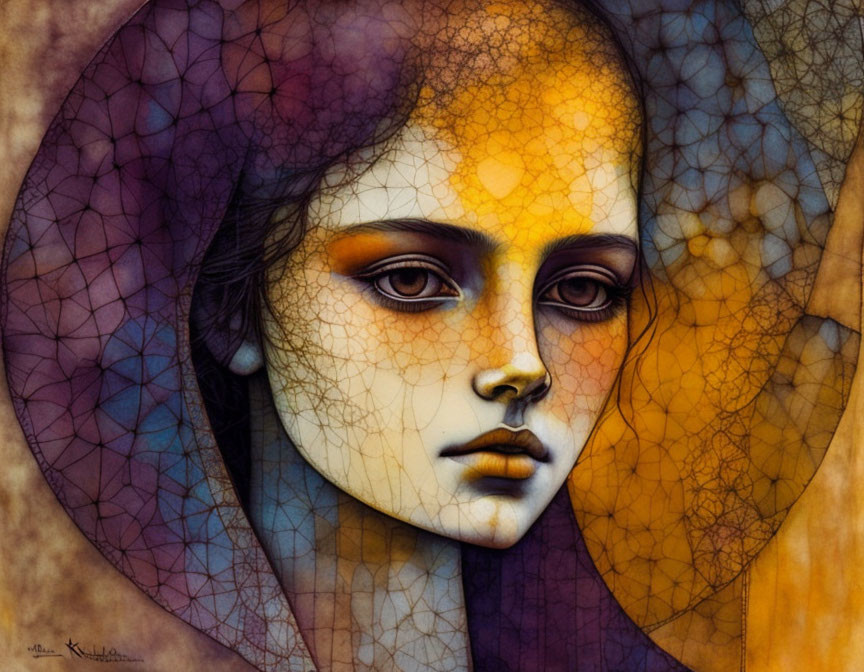 Portrait of a woman with mosaic-like complexion and dark eyes in warm yellow and purple tones