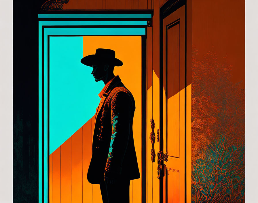 Person in hat silhouette at door with teal and orange color scheme