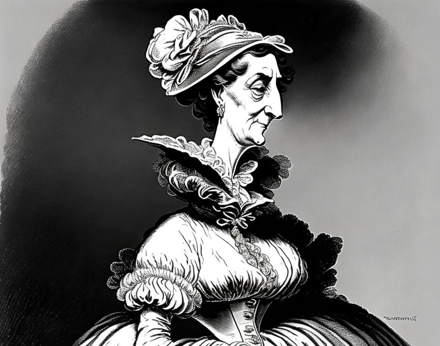 Monochrome caricature of woman in vintage attire