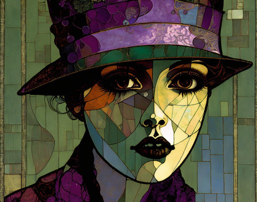 Woman with mosaic features in purple hat on geometric background