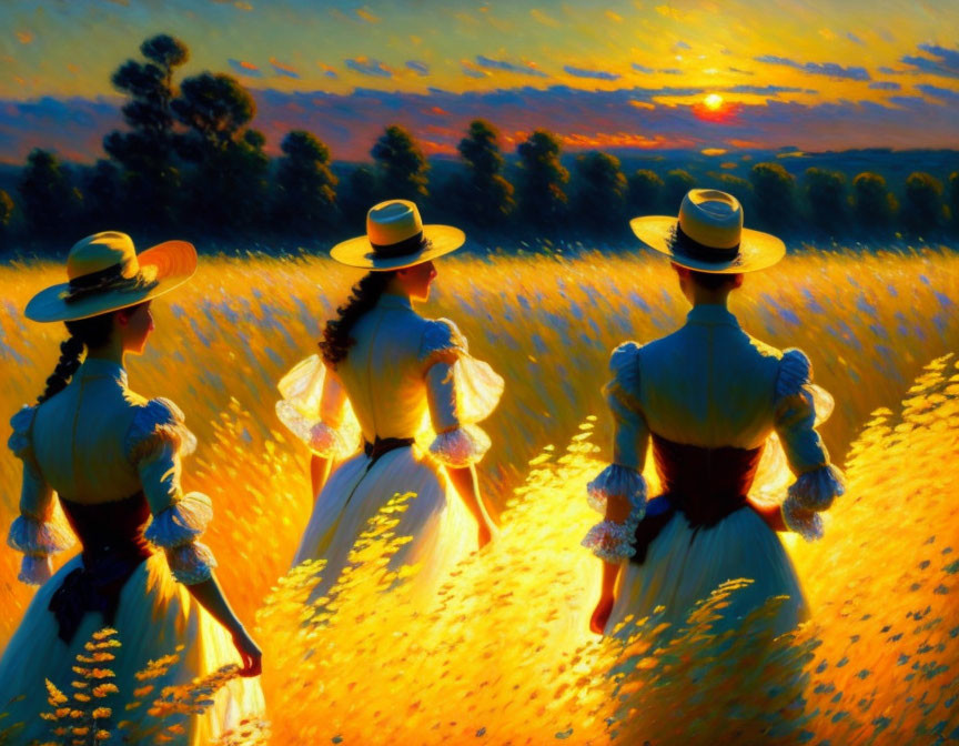 Vintage-dressed trio in golden field at sunset with long shadows