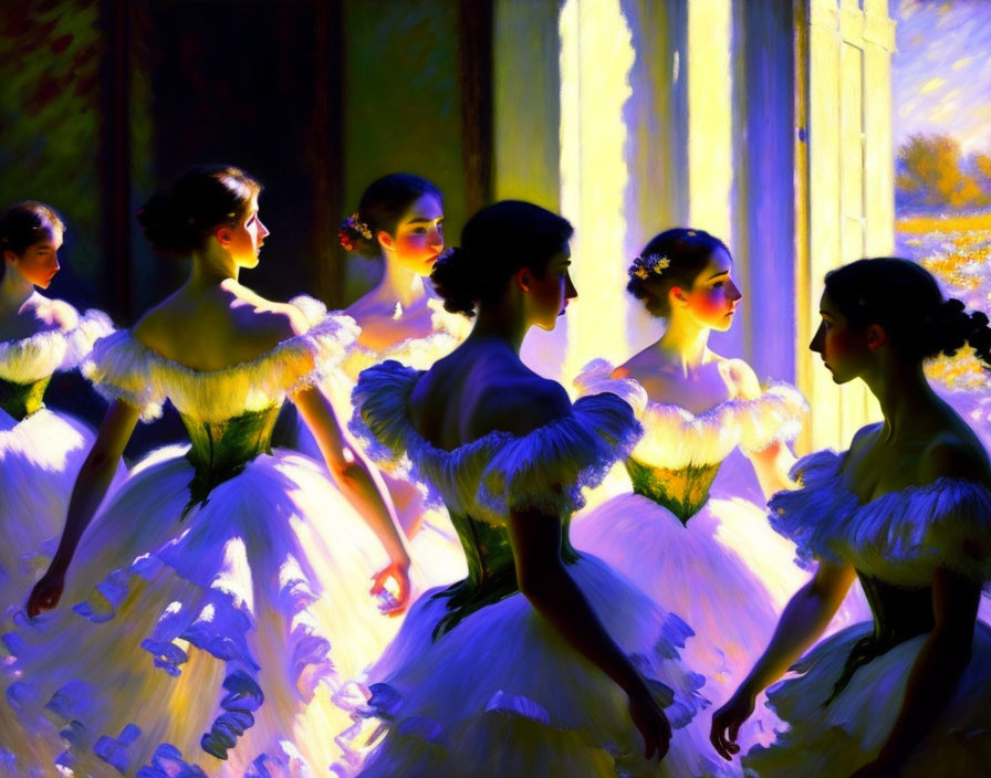 Six ballerinas in white tutus captured in vibrant painting