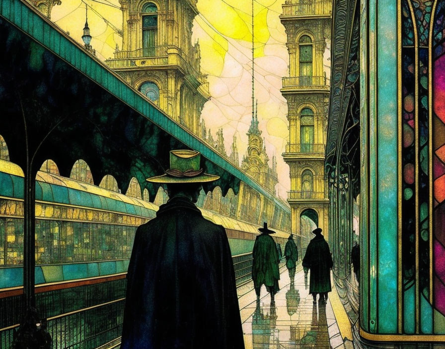 Detailed illustration: People walking to ornate baroque train station under amber sky